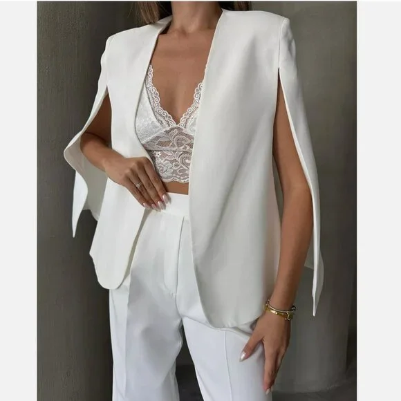 Zara ZW Collection Cape V-Neck Blazer Jacket Ecru White